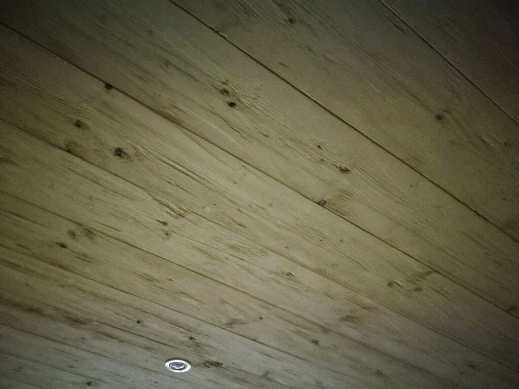 Holzdecke mit parallel verlaufenden Dielen, sichtbaren Astl&ouml;chern und einer runden Einbauleuchte.